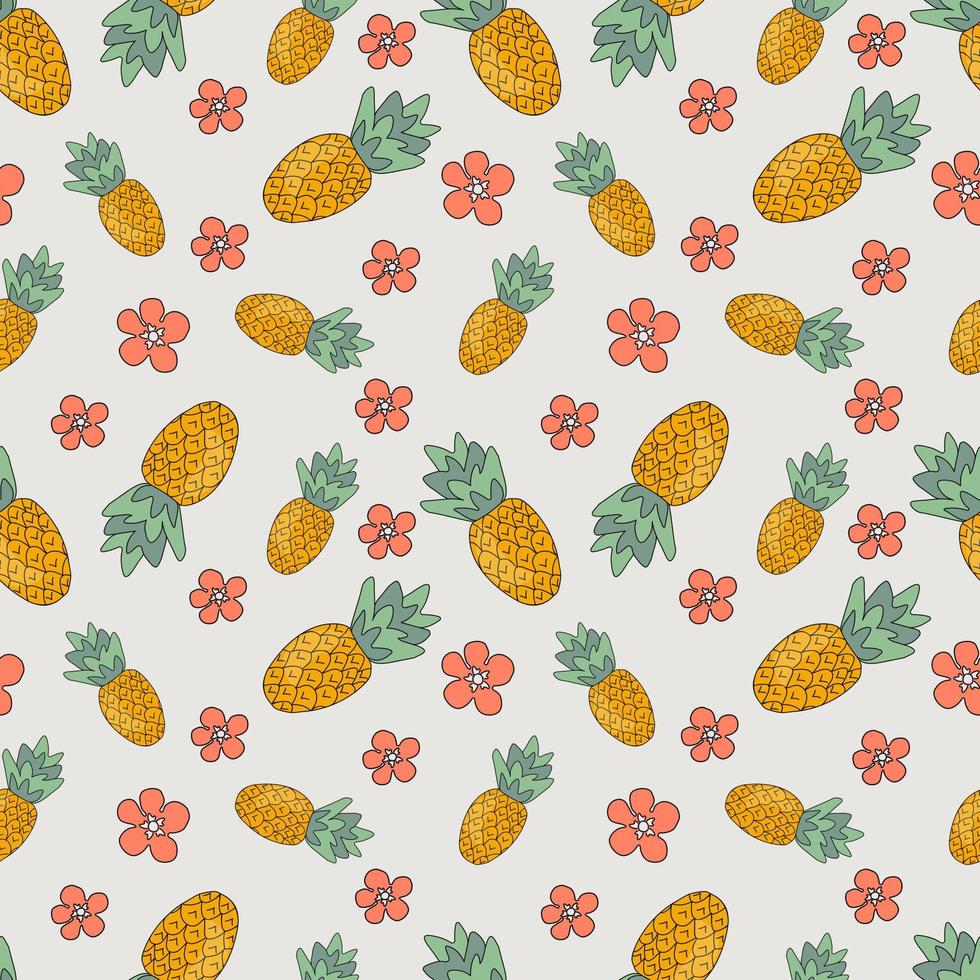 vector illustration seamless pattern of pineapples and pink flowers on light gray background