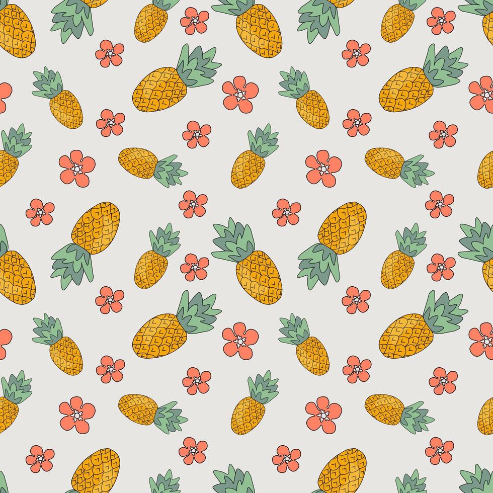 vector illustration seamless pattern of pineapples and pink flowers on light gray background