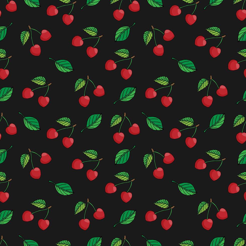 vector illustration seamless pattern summer berries cherry with leaves on black background