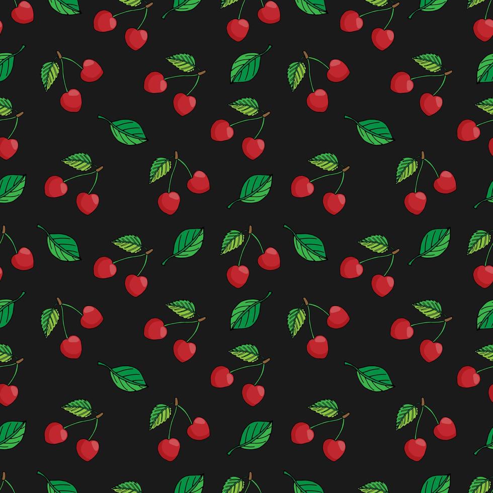 vector illustration seamless pattern summer berries cherry with leaves on black background