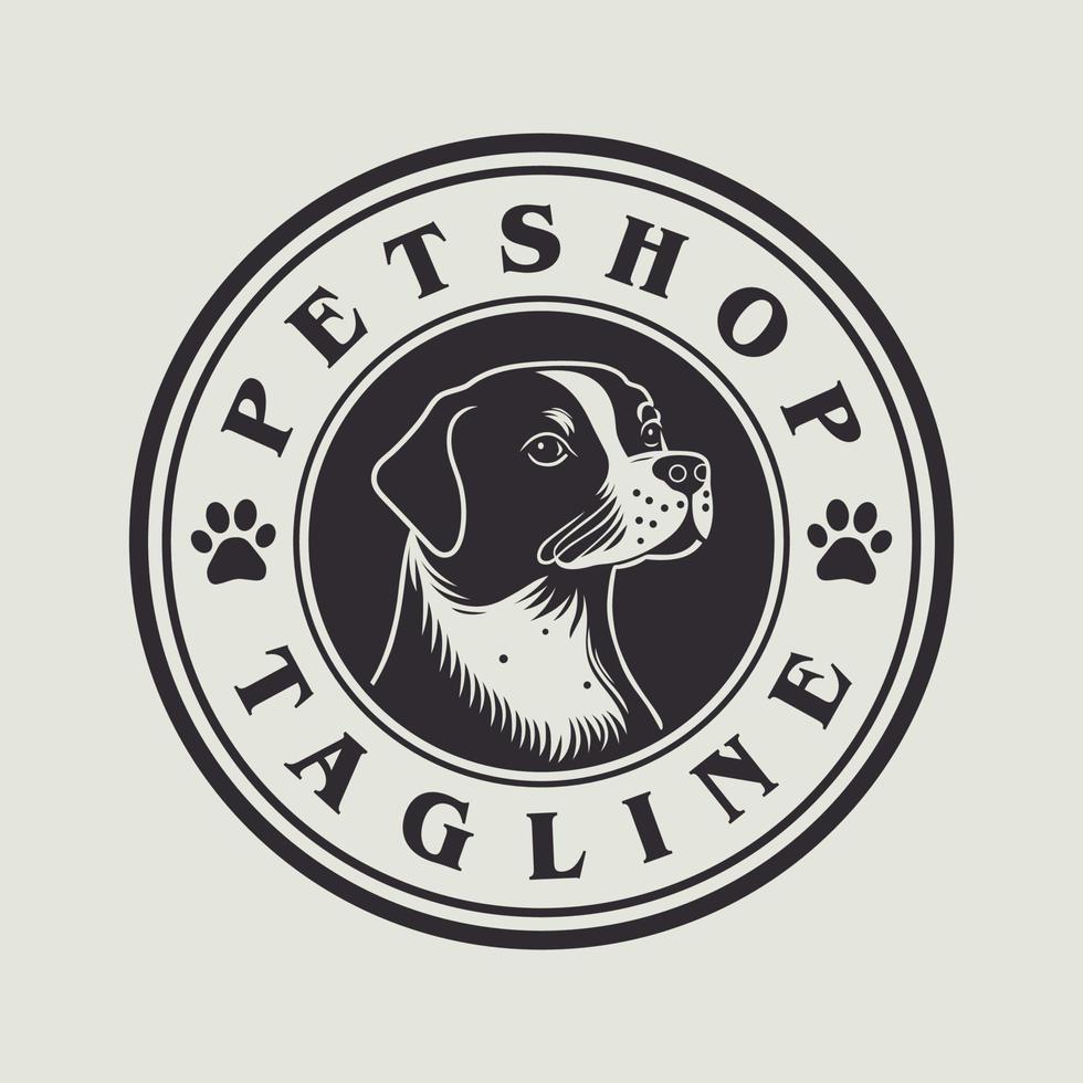 Round pet shop vector logo with a puppy in the middle