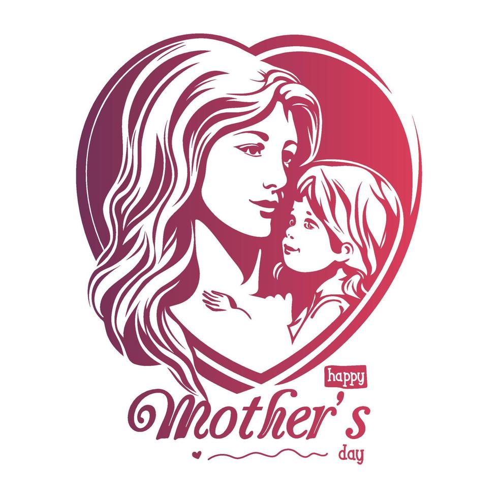 Mother and child hugging in heart shaped frame vector