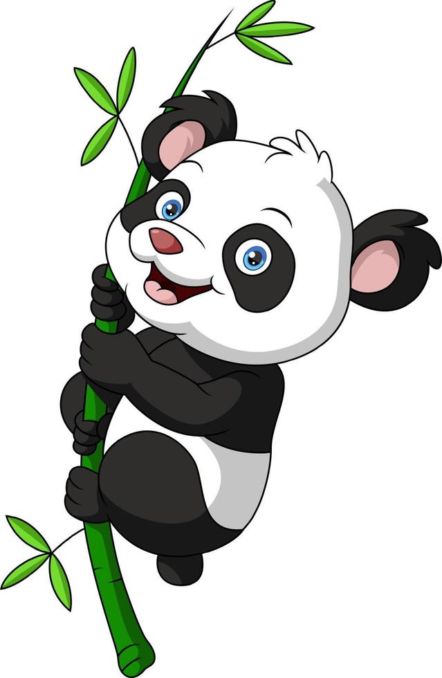 linda bebé panda dibujos animados colgando en el bambú vector