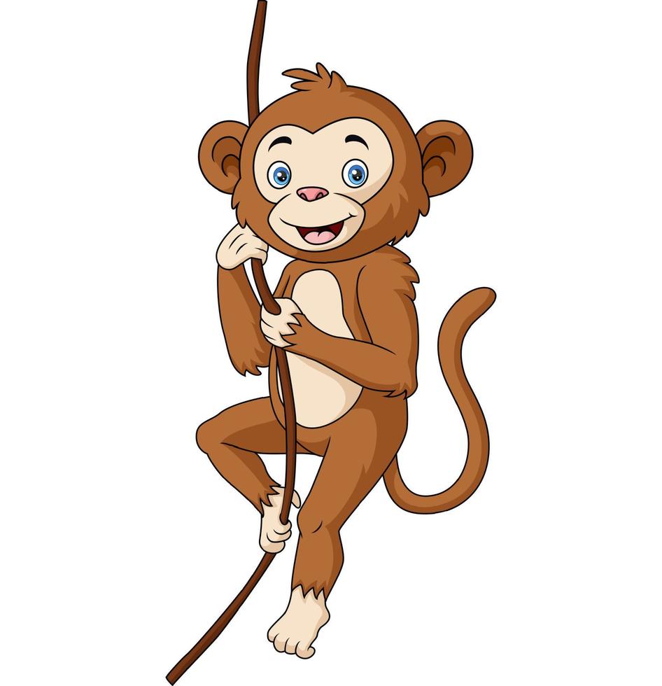 Cute monkey cartoon hanging in tree branch vector