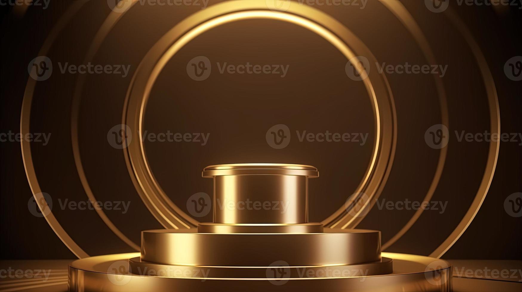 Golden podium with round frame on black background. Award ceremony concept. 3D rendering photo