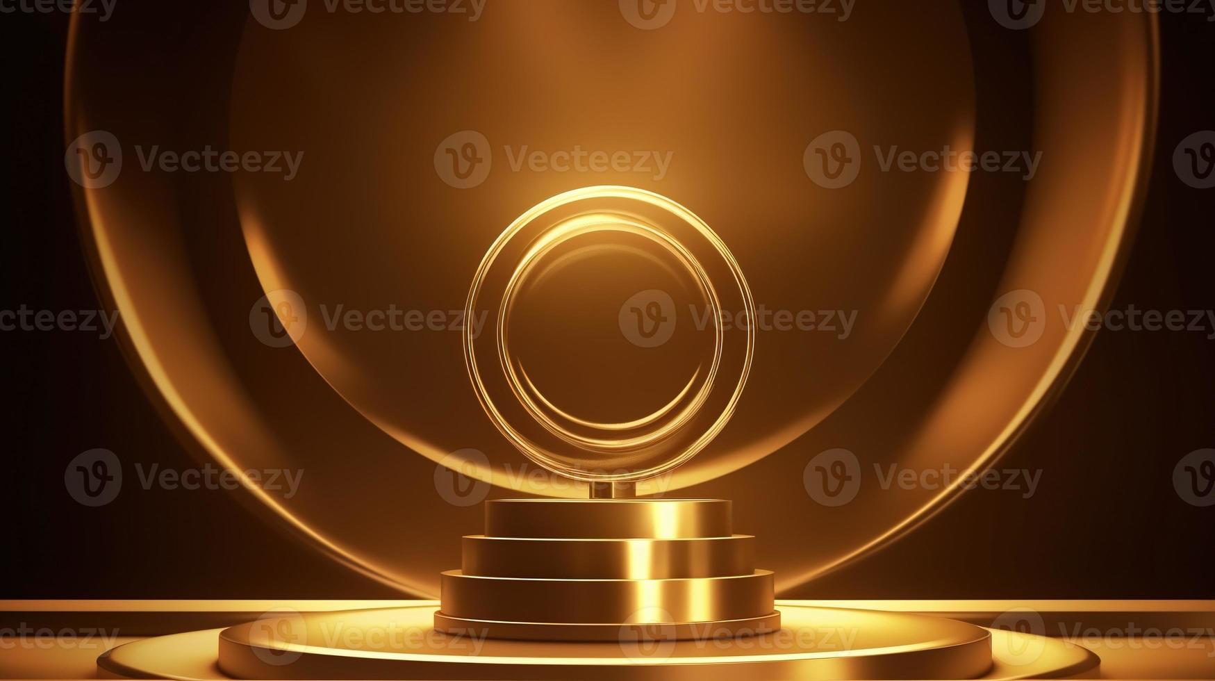 Golden podium with round frame on black background. Award ceremony concept. 3D rendering photo