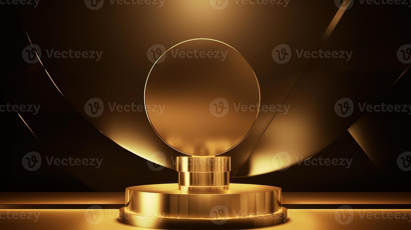 Golden podium with round frame on black background. Award ceremony concept. 3D rendering photo