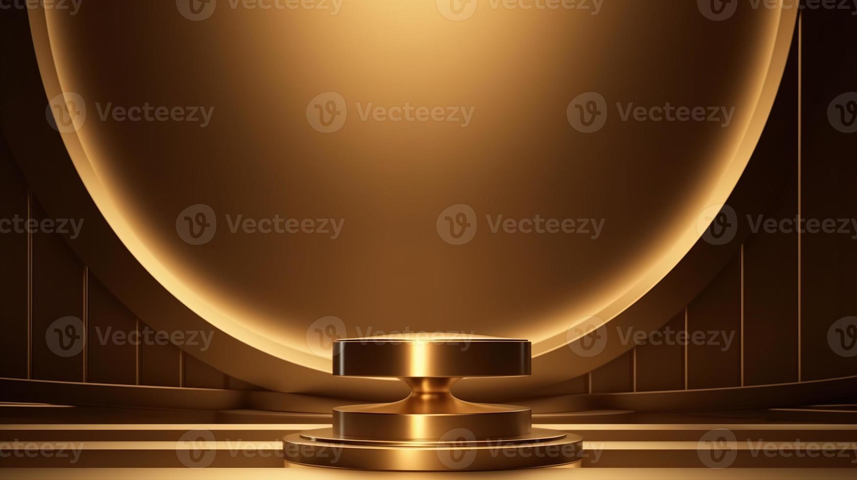 Golden podium with round frame on black background. Award ceremony concept. 3D rendering photo