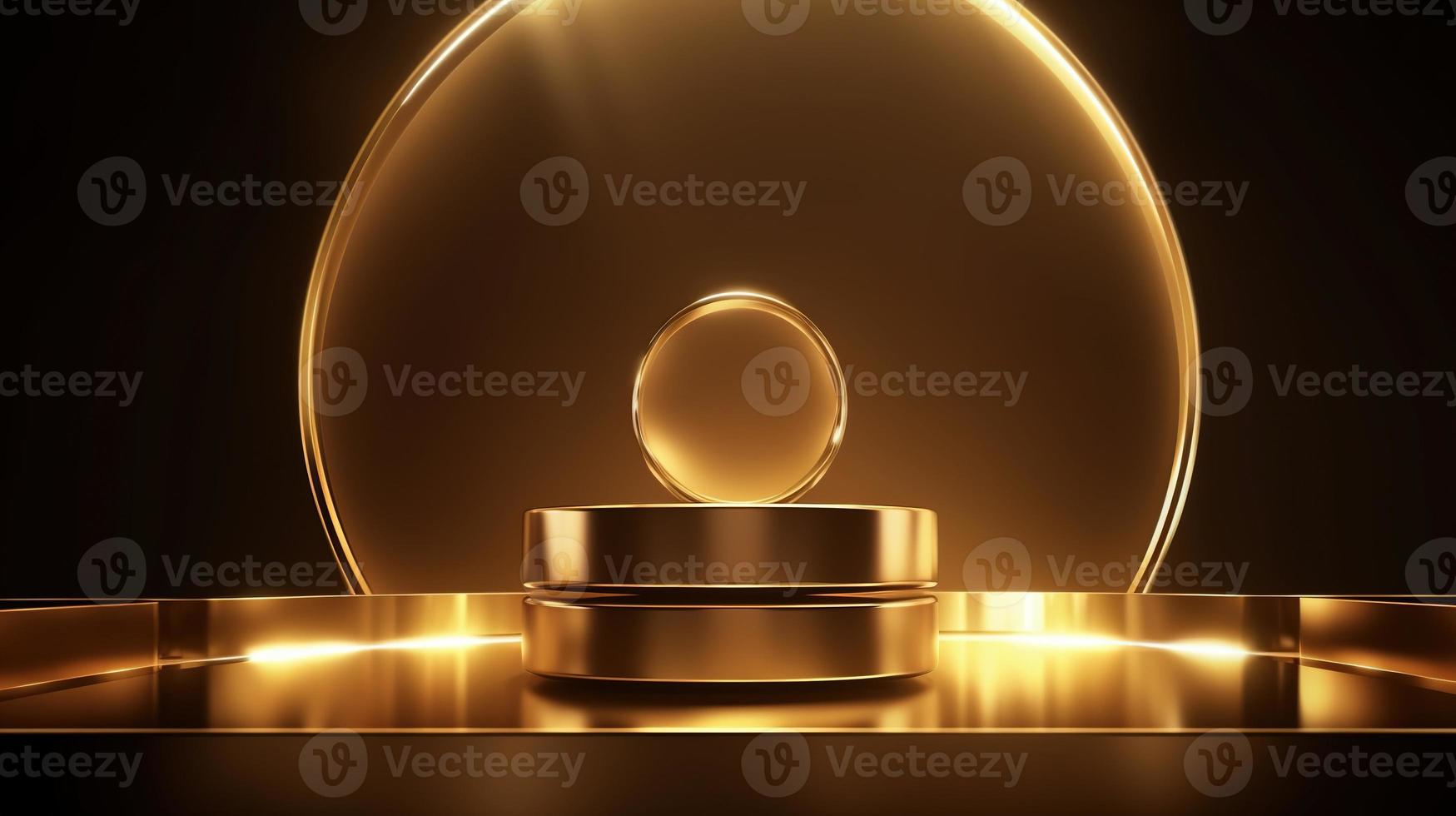 Golden podium with round frame on black background. Award ceremony concept. 3D rendering photo