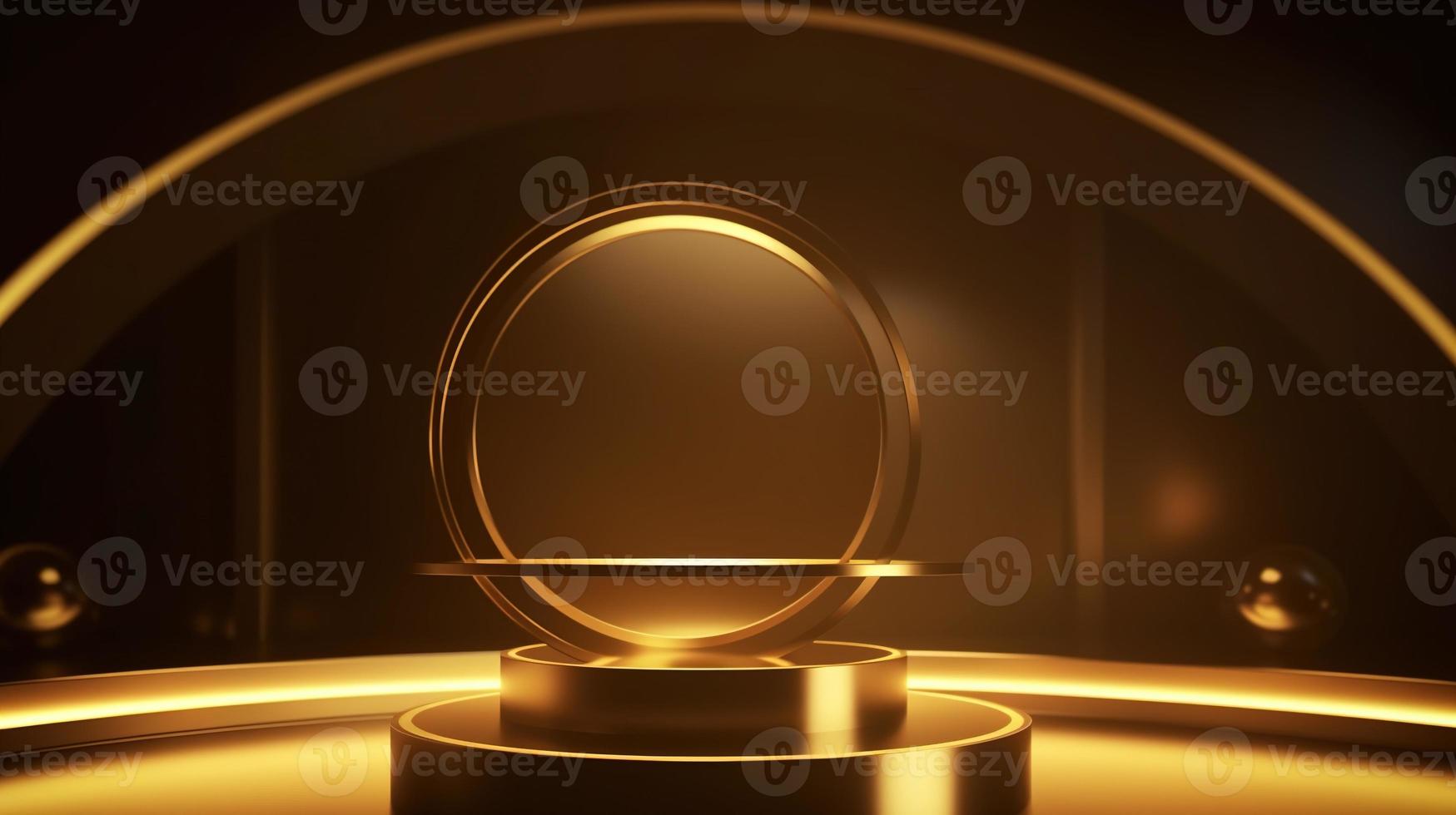 Golden podium with round frame on black background. Award ceremony concept. 3D rendering photo