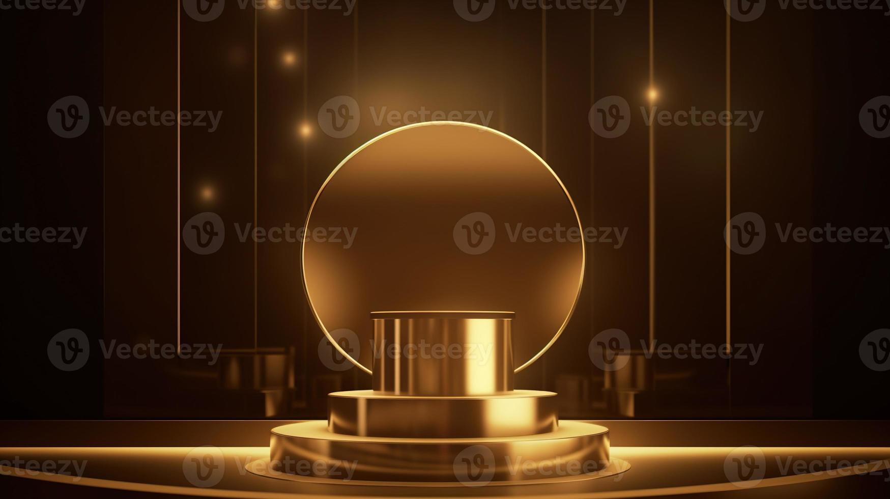 Golden podium with round frame on black background. Award ceremony concept. 3D rendering photo