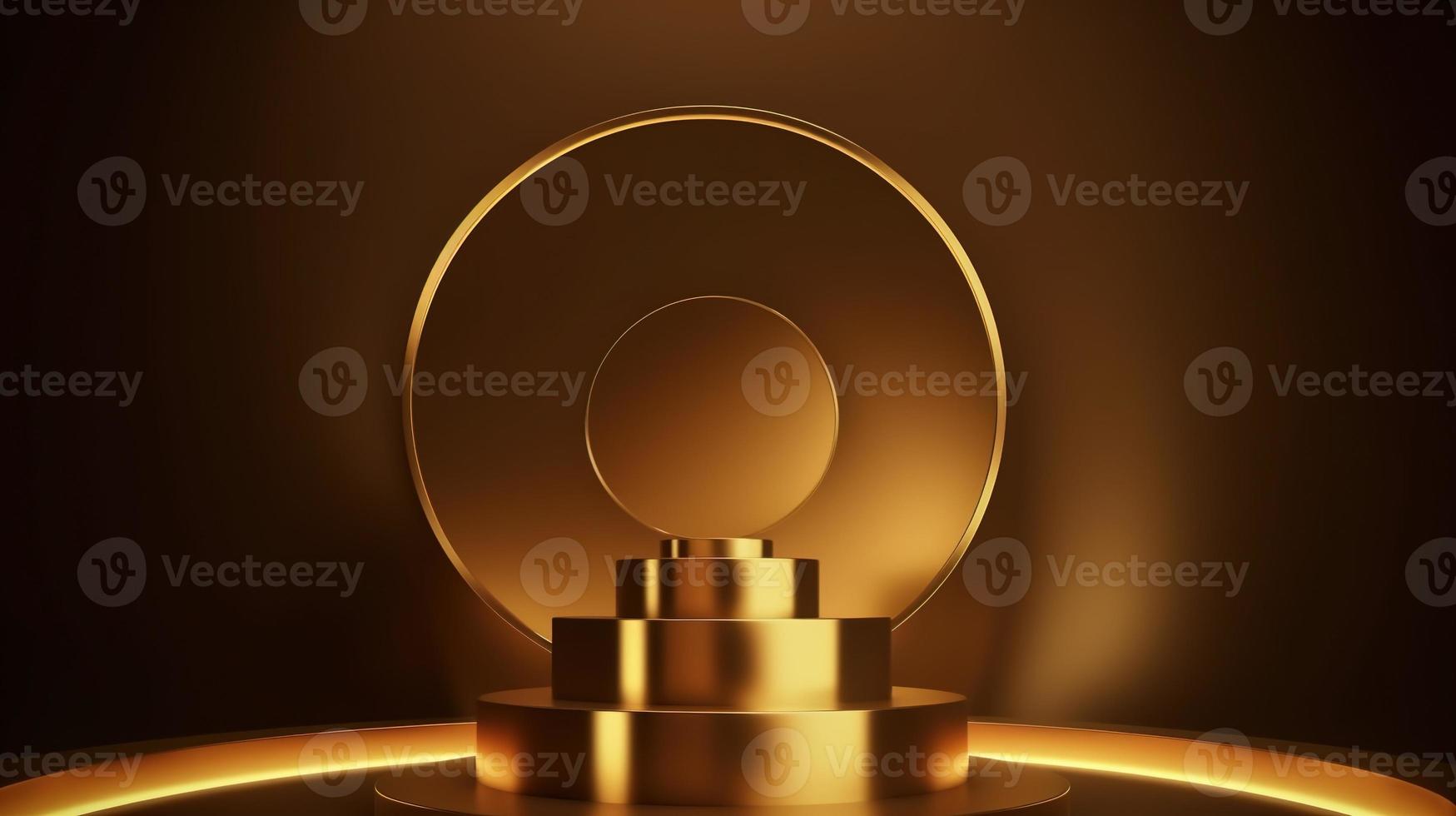 Golden podium with round frame on black background. Award ceremony concept. 3D rendering photo