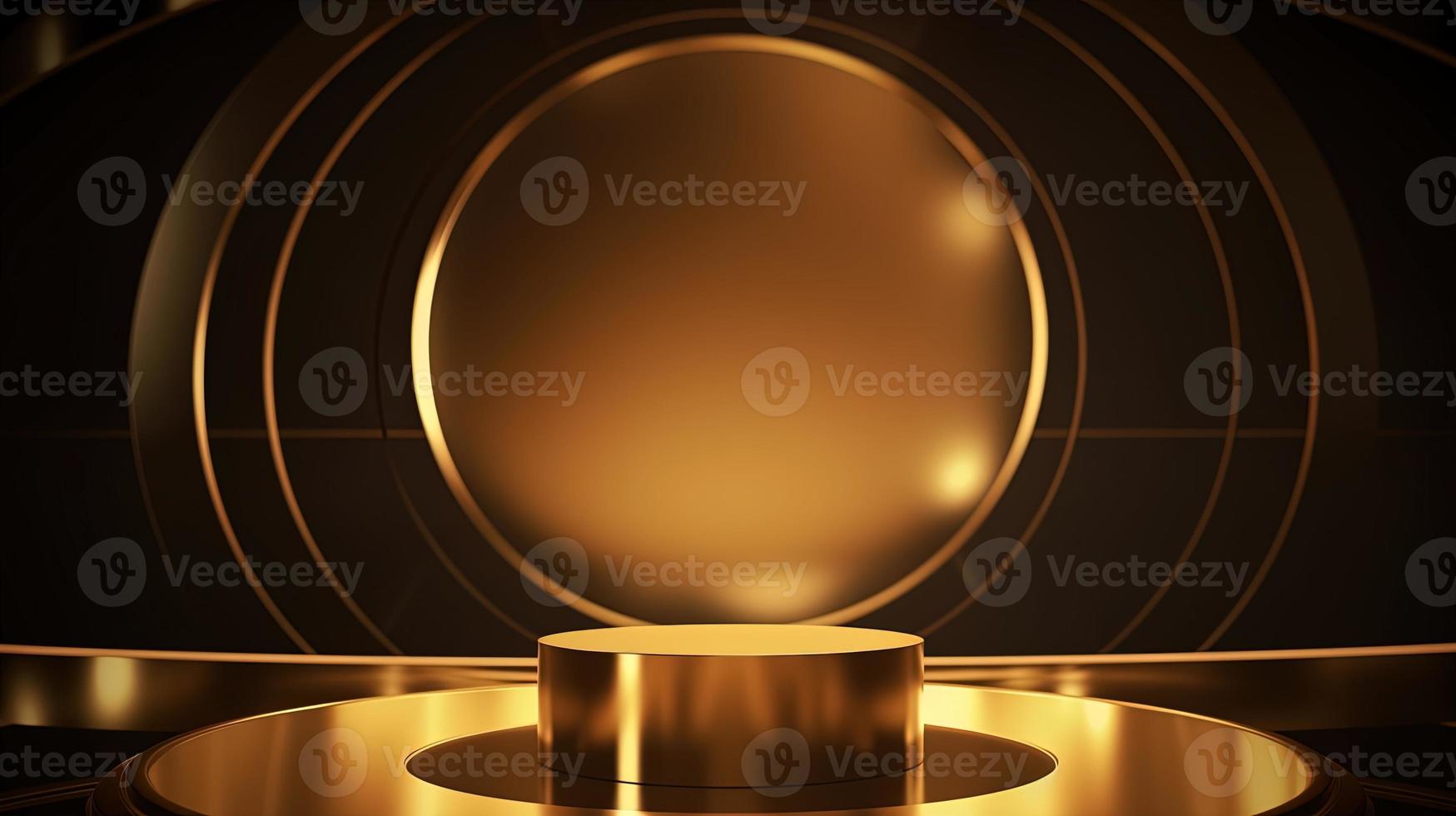 Golden podium with round frame on black background. Award ceremony concept. 3D rendering photo