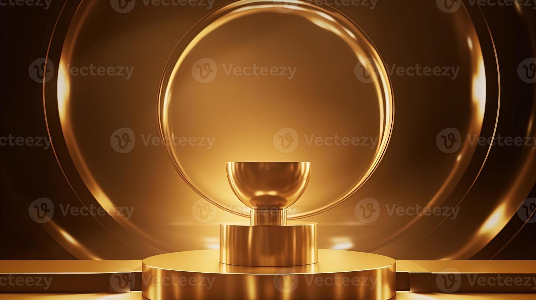 Golden podium with round frame on black background. Award ceremony concept. 3D rendering photo