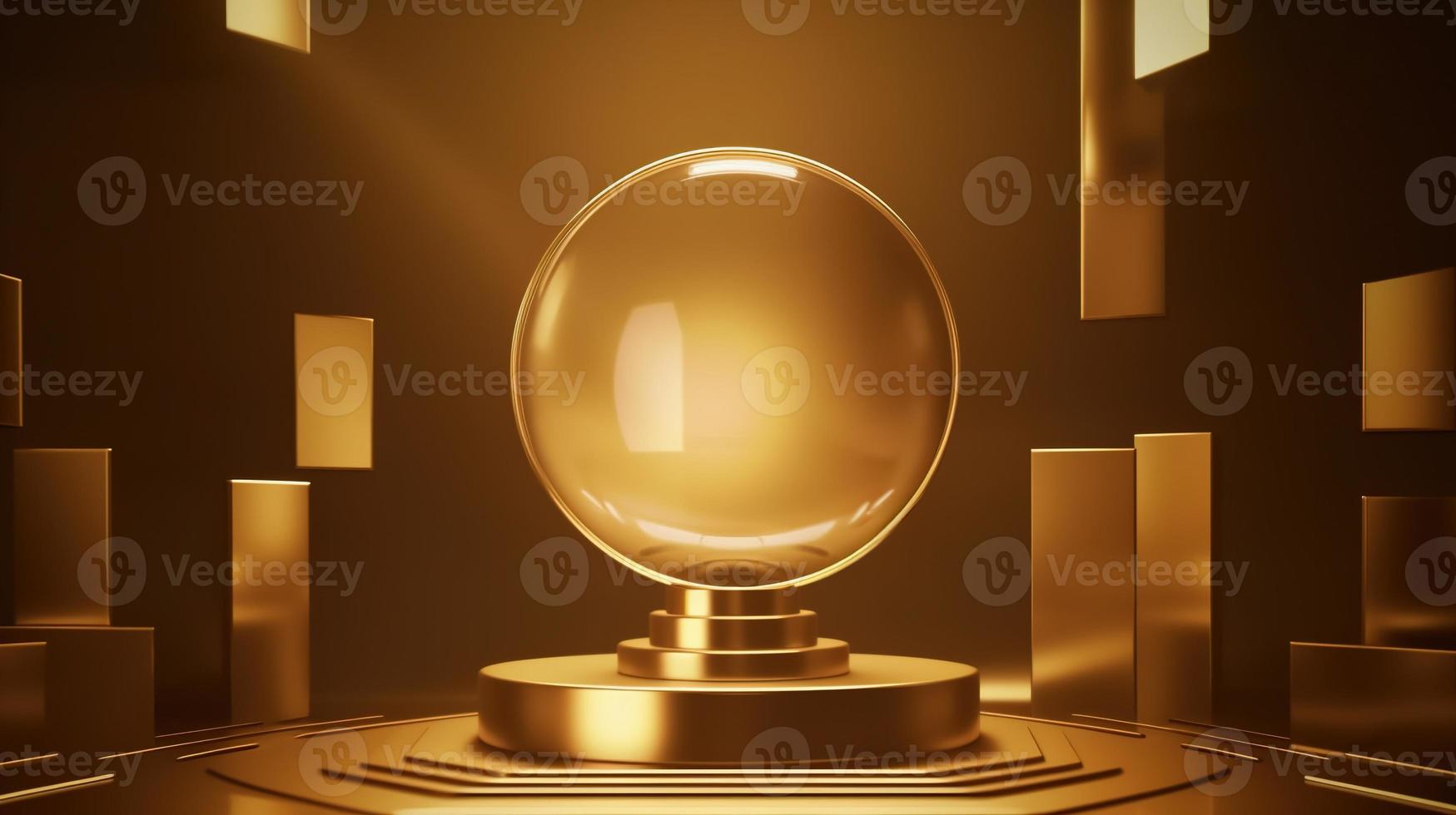 Golden podium with round frame on black background. Award ceremony concept. 3D rendering photo