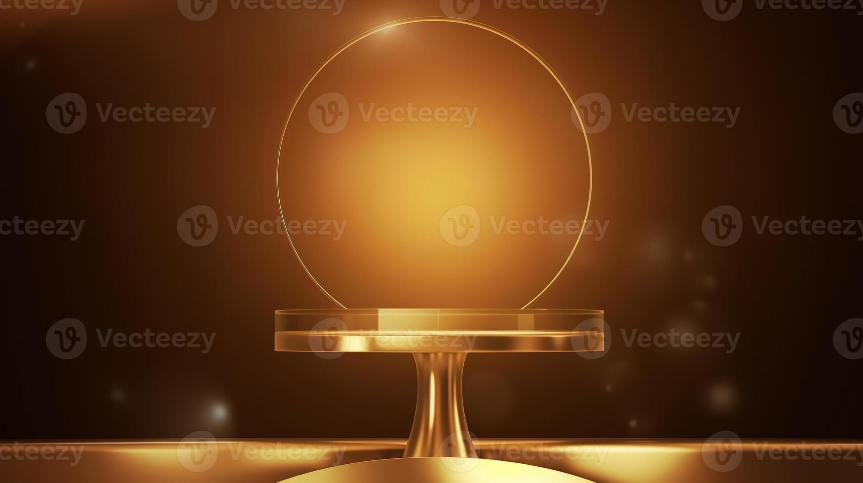 Golden podium with round frame on black background. Award ceremony concept. 3D rendering photo