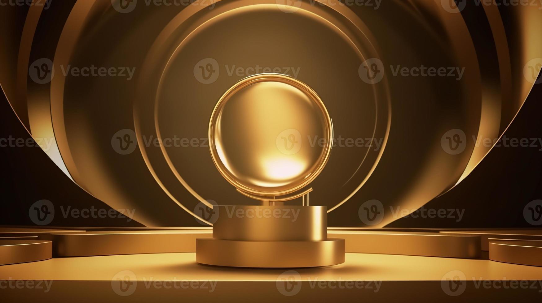 Golden podium with round frame on black background. Award ceremony concept. 3D rendering photo