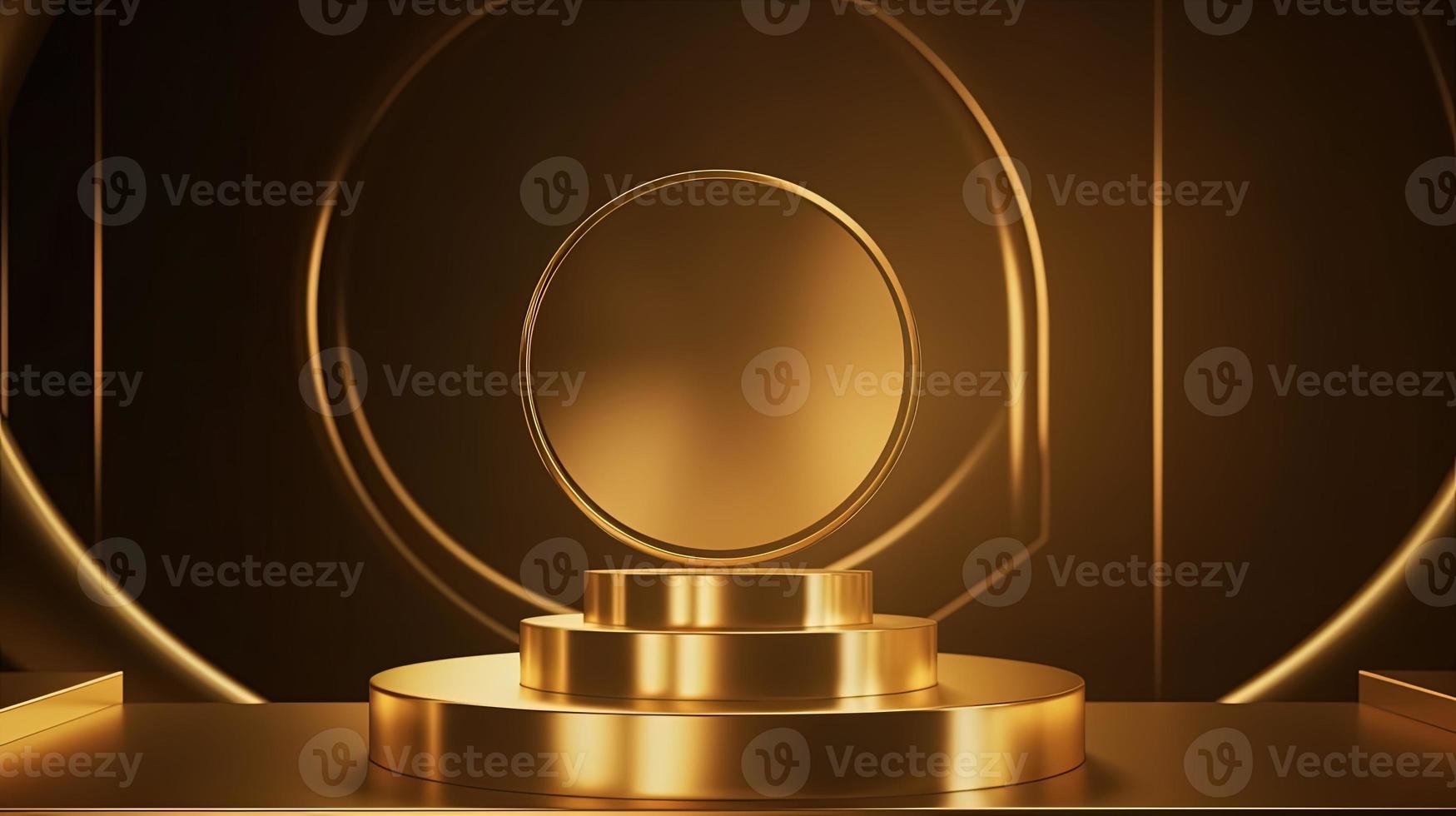 Golden podium with round frame on black background. Award ceremony concept. 3D rendering photo
