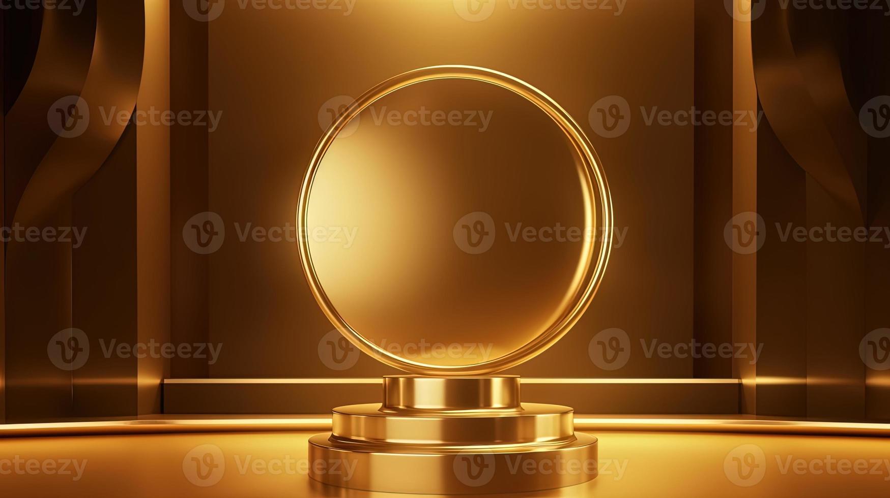 Golden podium with round frame on black background. Award ceremony concept. 3D rendering photo