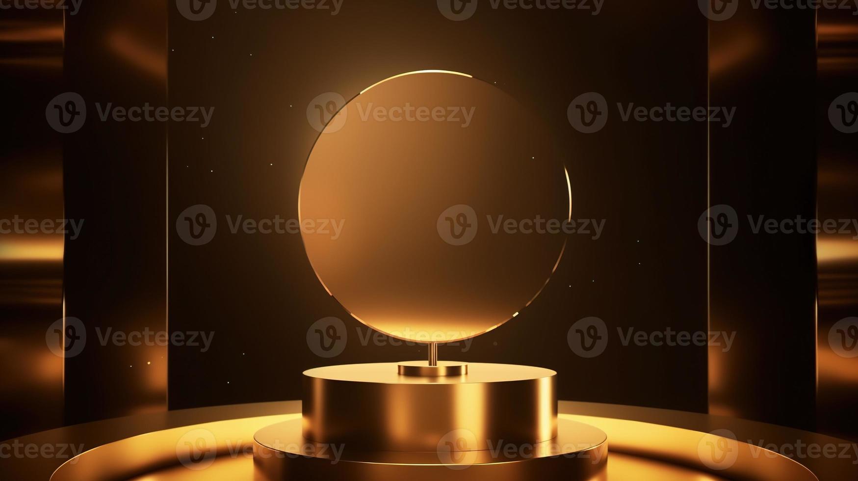 Golden podium with round frame on black background. Award ceremony concept. 3D rendering photo