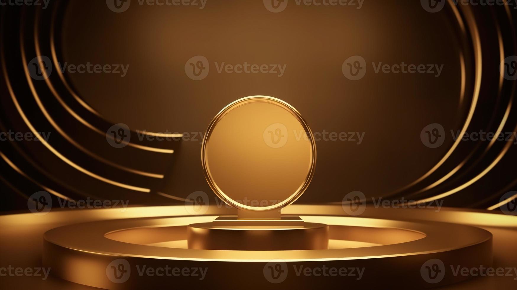 Golden podium with round frame on black background. Award ceremony concept. 3D rendering photo
