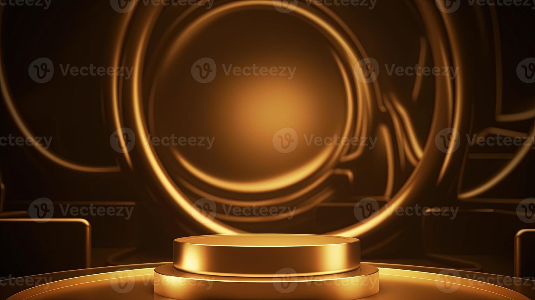 Golden podium with round frame on black background. Award ceremony concept. 3D rendering photo