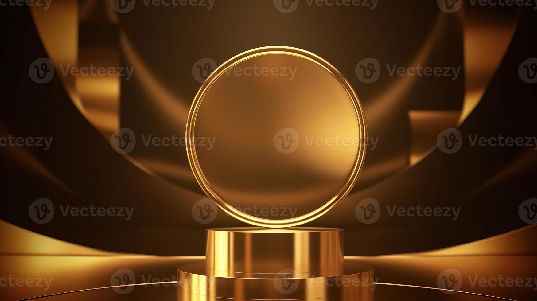 Golden podium with round frame on black background. Award ceremony concept. 3D rendering photo