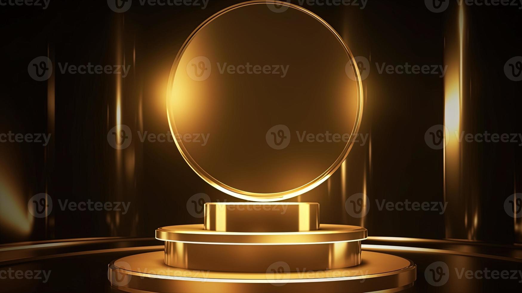 Golden podium with round frame on black background. Award ceremony concept. 3D rendering photo