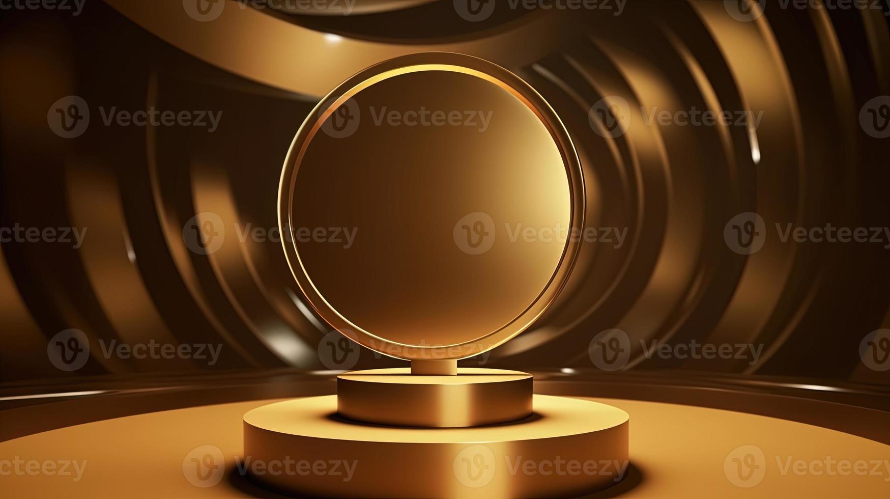 Golden podium with round frame on black background. Award ceremony concept. 3D rendering photo