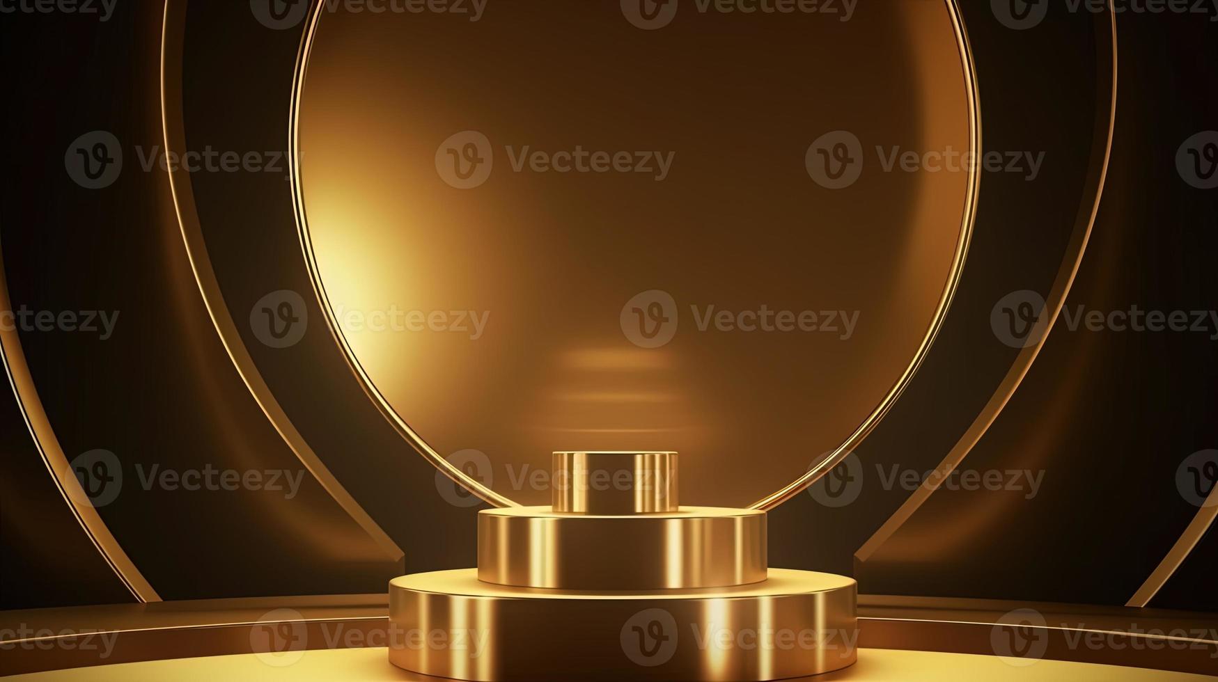 Golden podium with round frame on black background. Award ceremony concept. 3D rendering photo