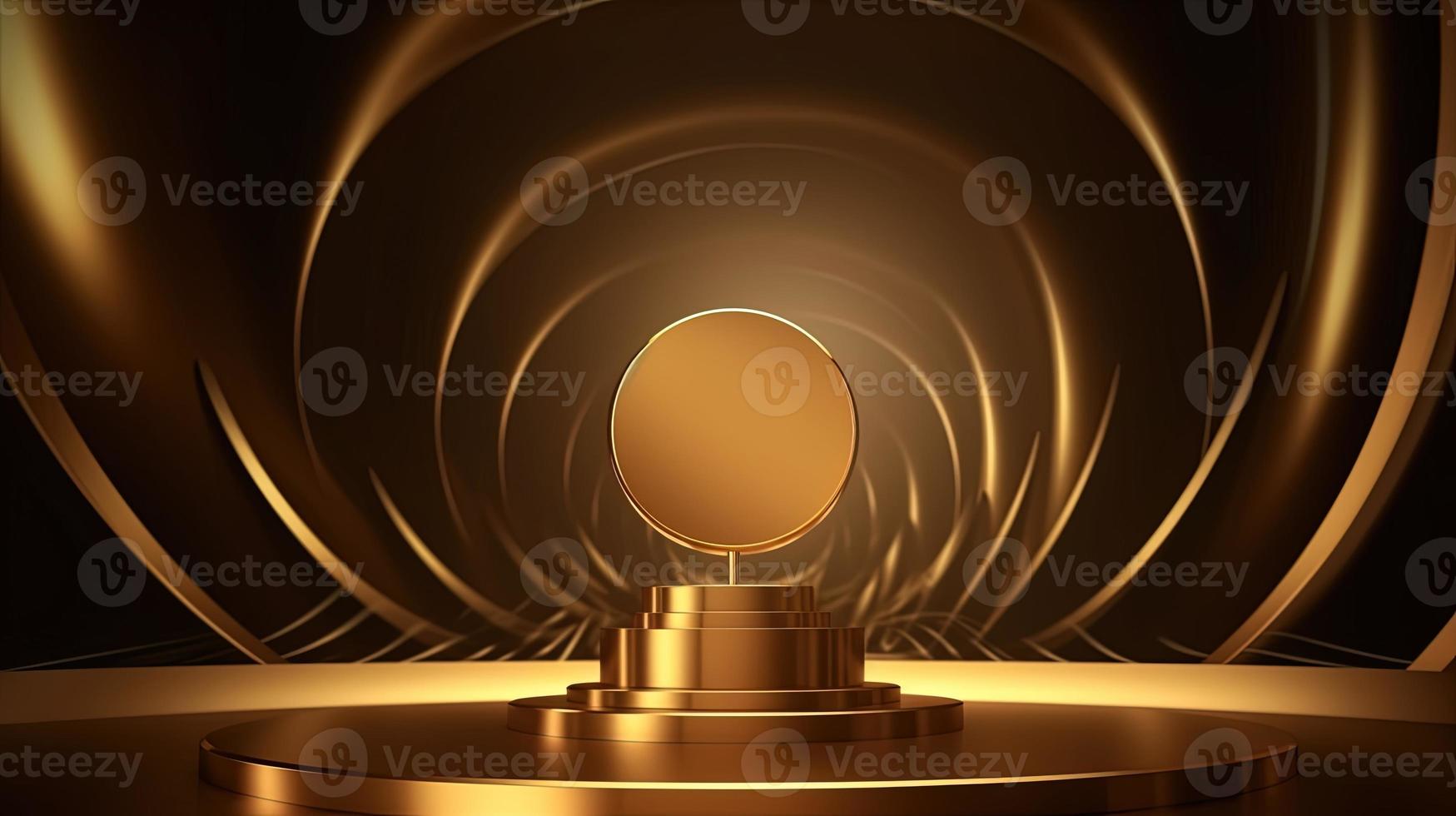 Golden podium with round frame on black background. Award ceremony concept. 3D rendering photo