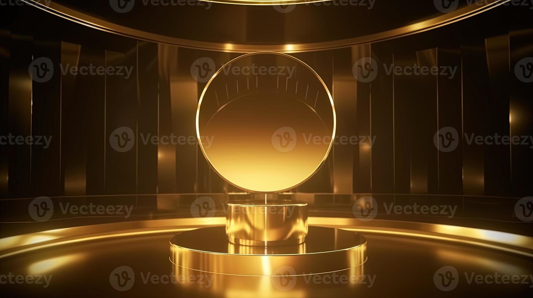 Golden podium with round frame on black background. Award ceremony concept. 3D rendering photo