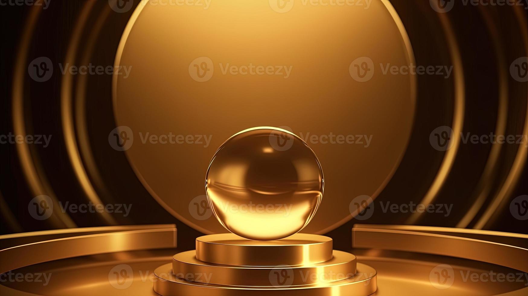 Golden podium with round frame on black background. Award ceremony concept. 3D rendering photo