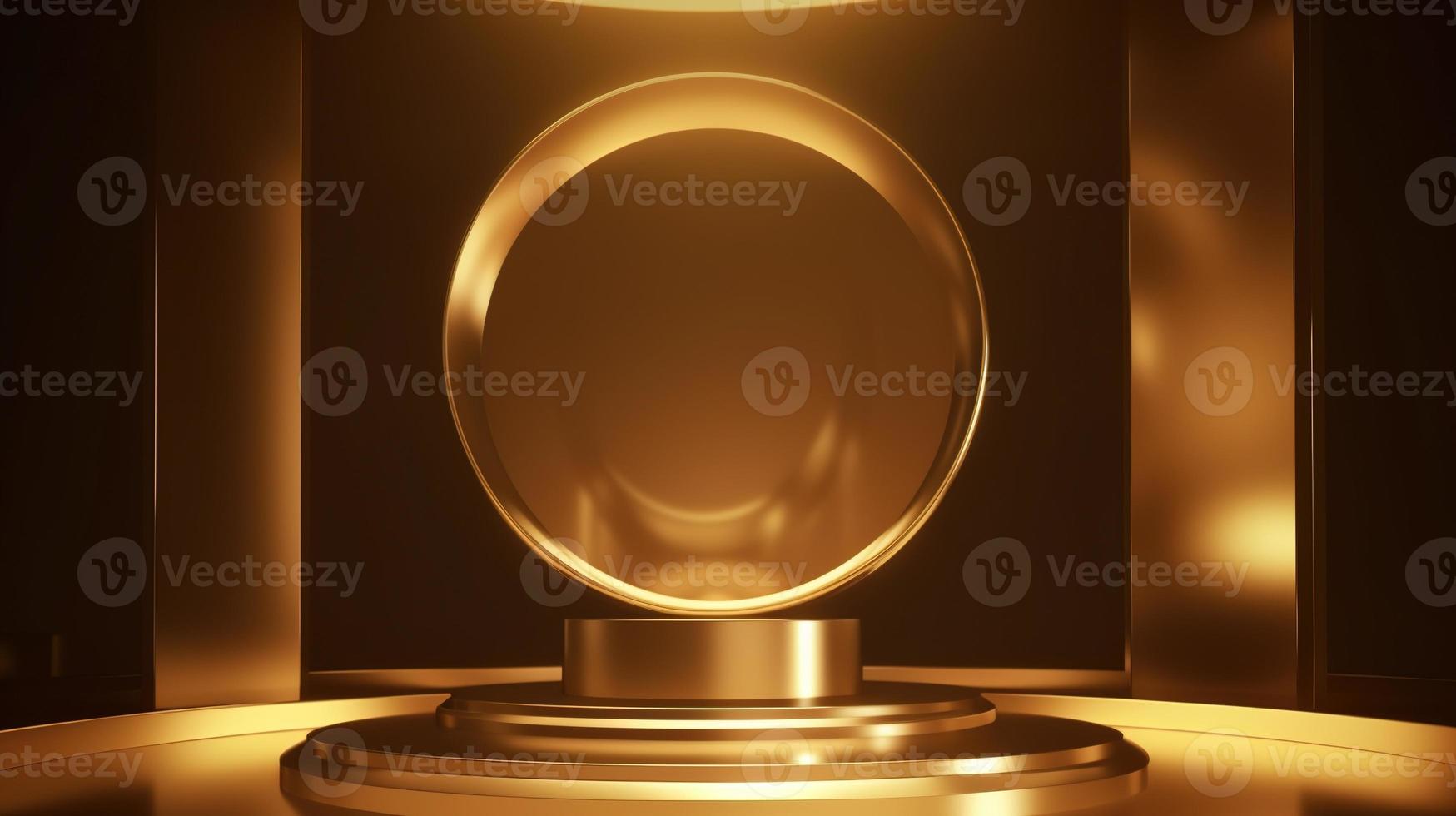 Golden podium with round frame on black background. Award ceremony concept. 3D rendering photo