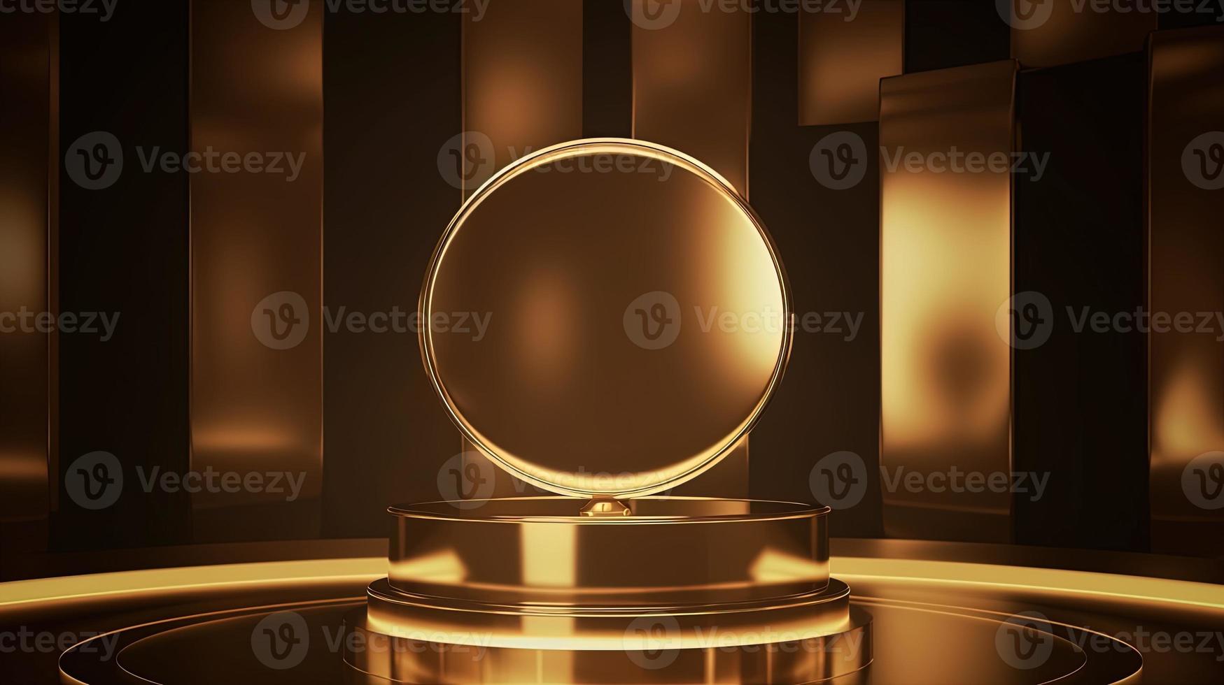 Golden podium with round frame on black background. Award ceremony concept. 3D rendering photo