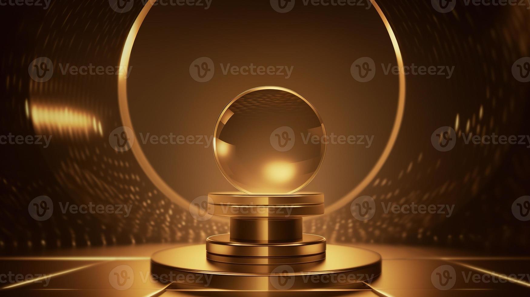 Golden podium with round frame on black background. Award ceremony concept. 3D rendering photo