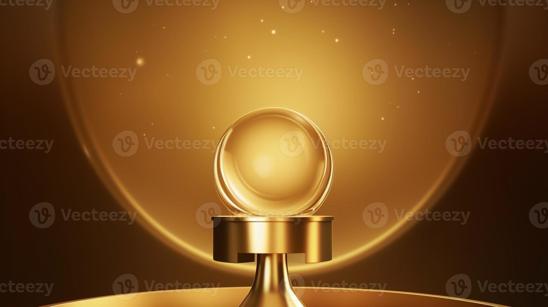 Golden podium with round frame on black background. Award ceremony concept. 3D rendering photo