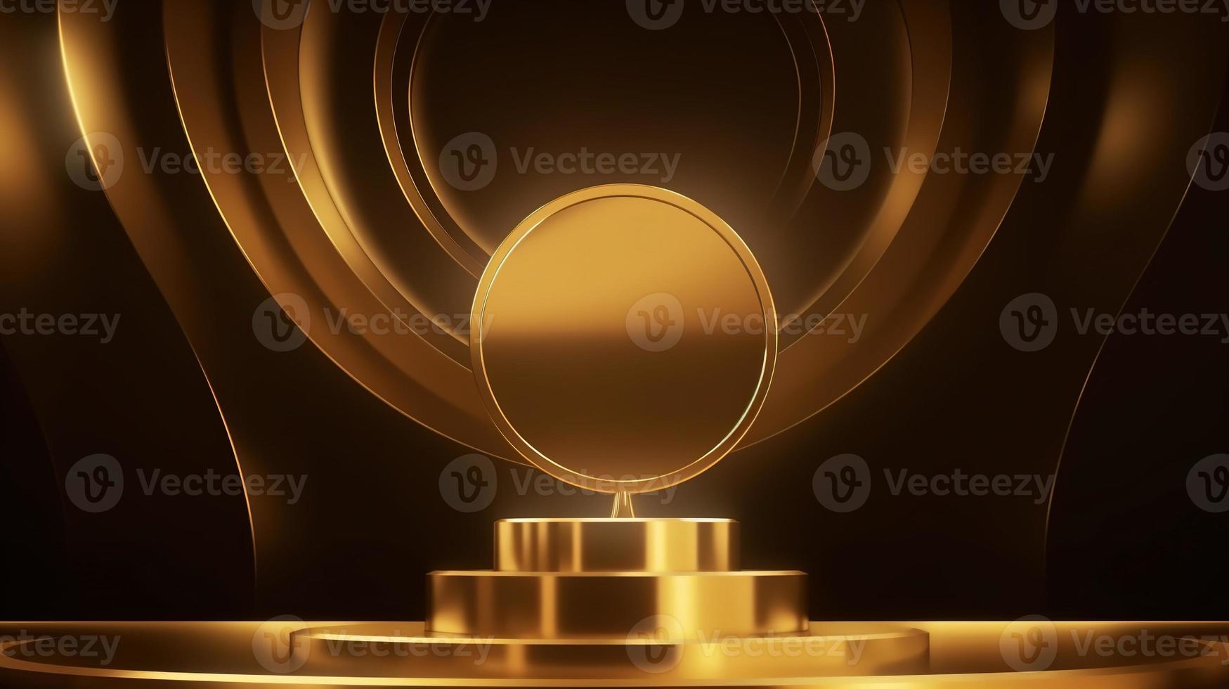 Golden podium with round frame on black background. Award ceremony concept. 3D rendering photo