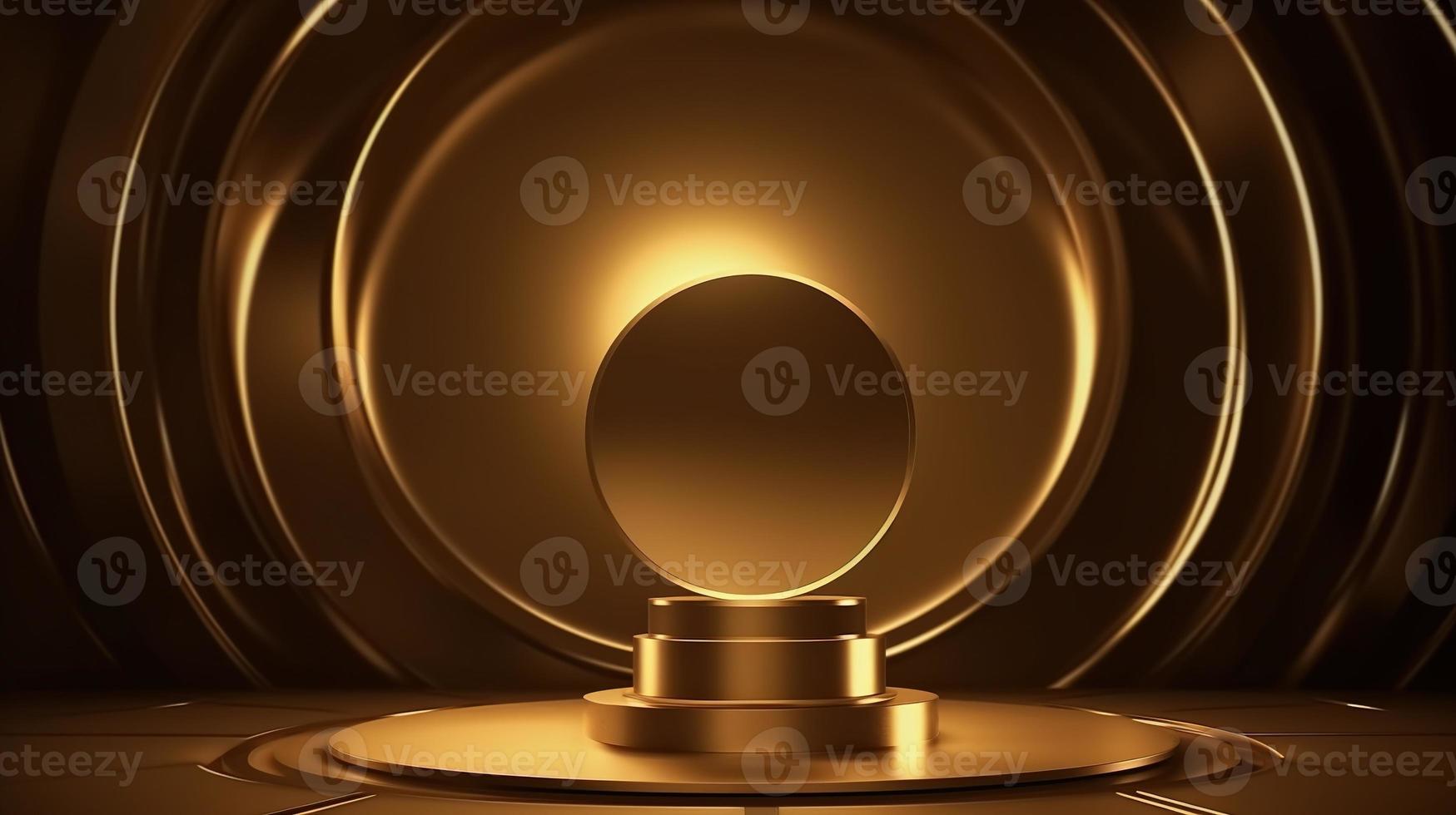 Golden podium with round frame on black background. Award ceremony concept. 3D rendering photo