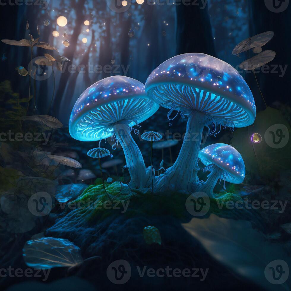 Fairytale forest with glowing neon mushrooms.Fantasy night forest landscape with magic mushrooms and glowing effects.. photo