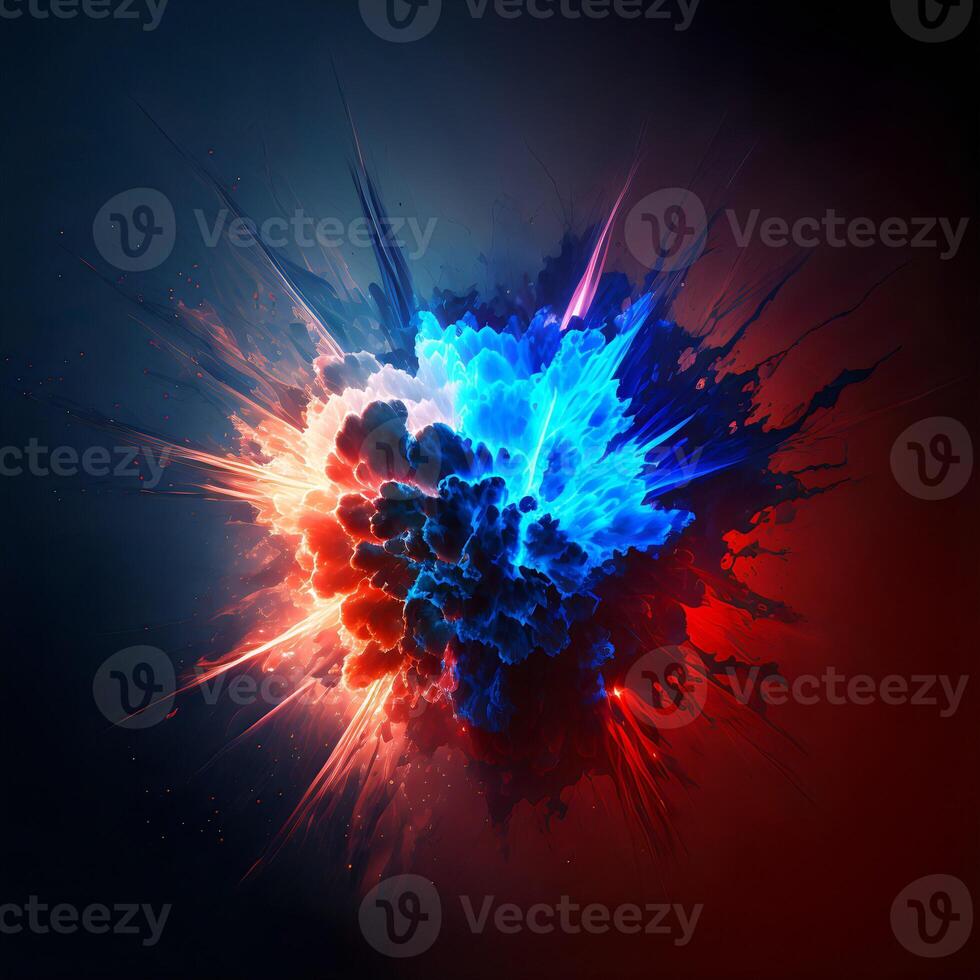 Abstract bright illustration of a red-blue explosion with smoke and light.Bright colored cloud of smoke sparks and rays of light.. photo