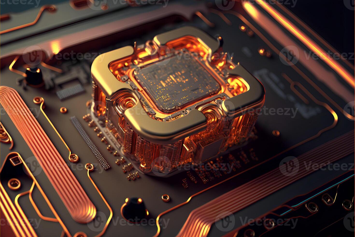 Circuit board and cpu close up with orange glow. Quantum computer concept. . photo