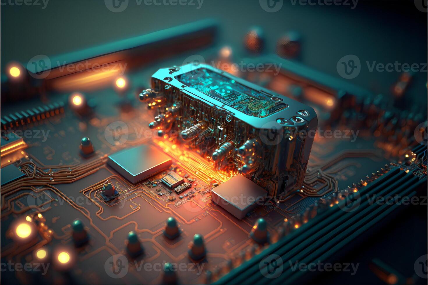 Abstract microchip with orange neon glow. . photo