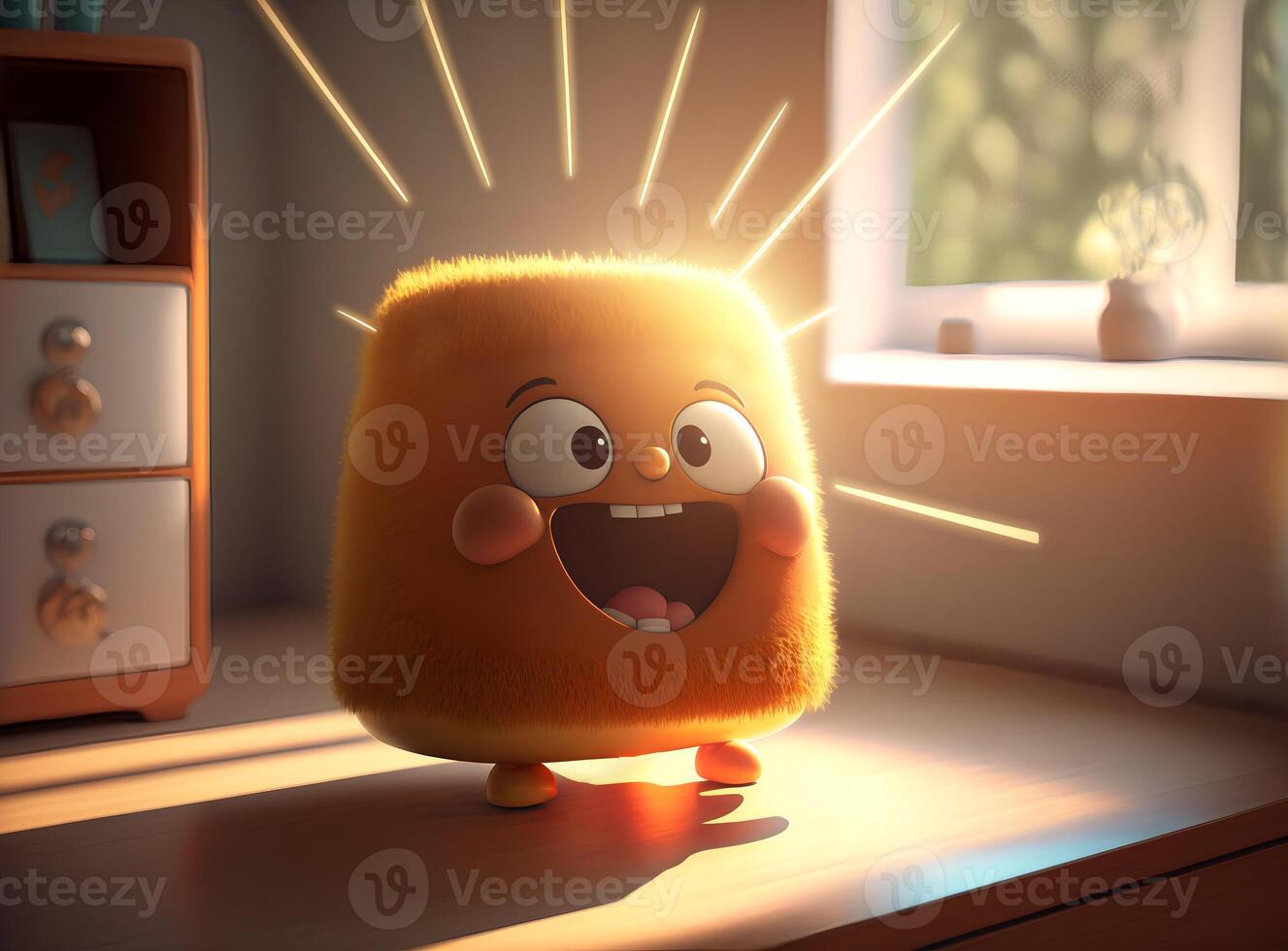 Funny orange cartoon character with a joyful expression with open mouth and beams of light. Idea insight concept. . photo