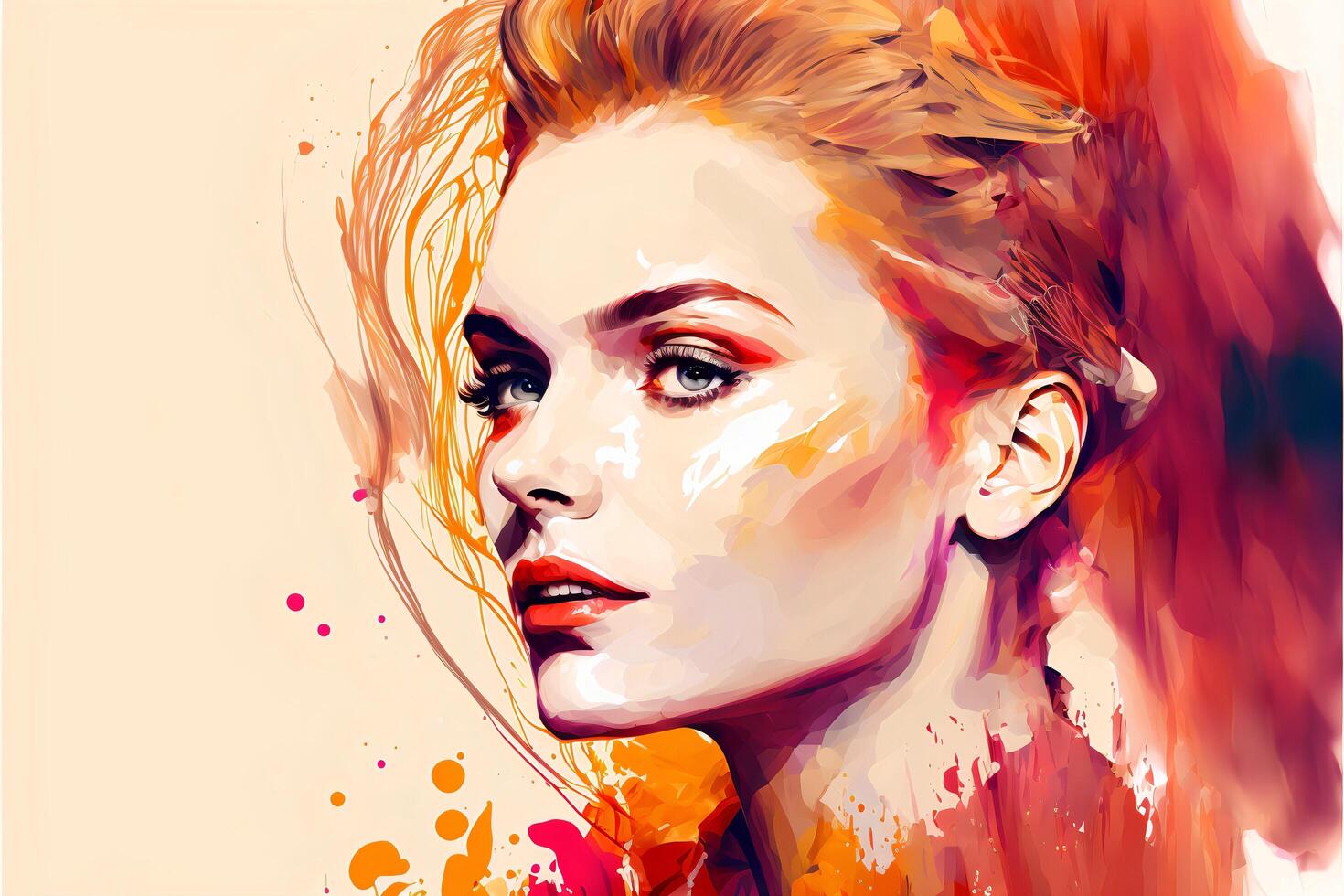 hermosa Pelirrojo niña con rojo labios en un acuarela estilo con copyspace.brillante ilustración de áspero cepillo golpes de acuarela pintura.ai generado. foto