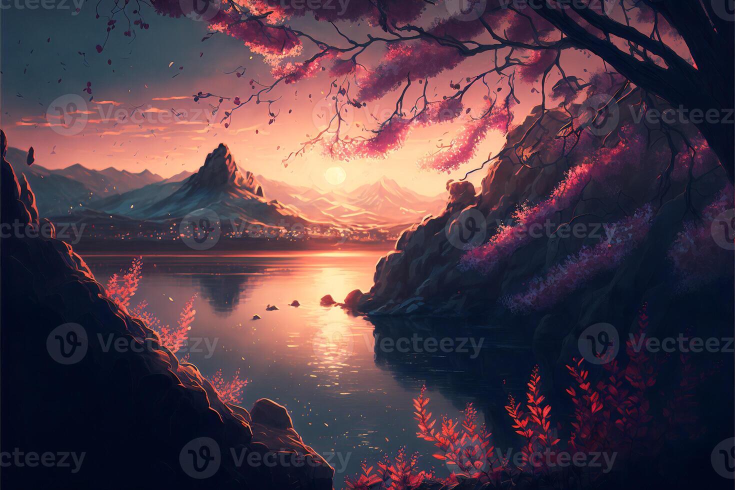 Bright illustration in hand-drawn style sakura on the background of mountains, lake and sunset.. photo