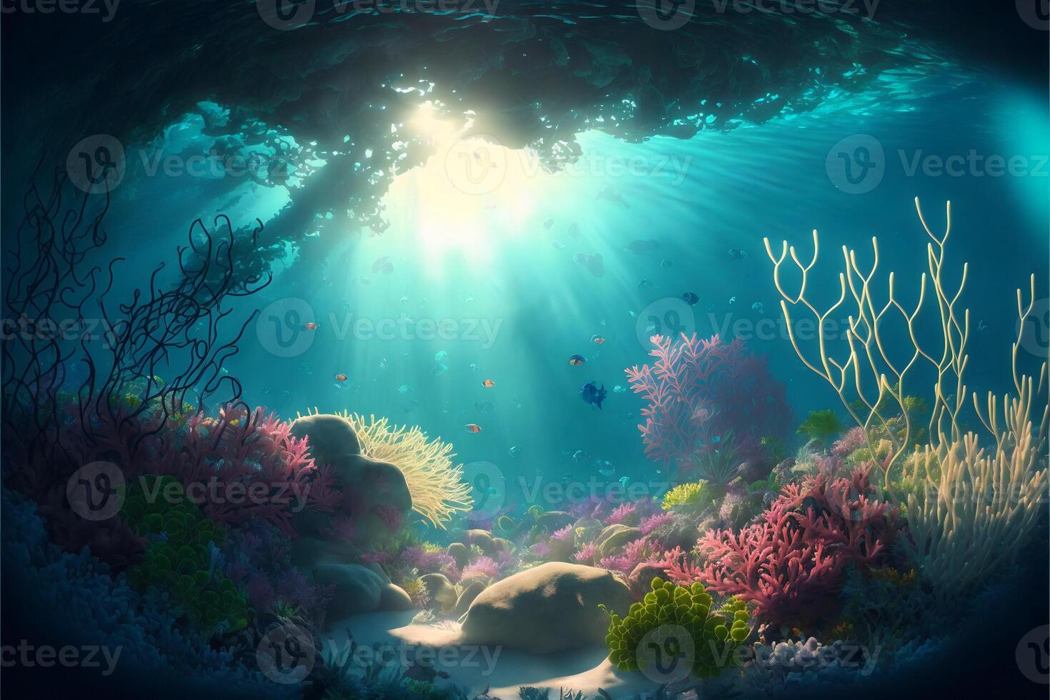 Colorful underwater landscape with corals, stones and beautiful blue water and bright sun rays and glare. Ocean background. . photo