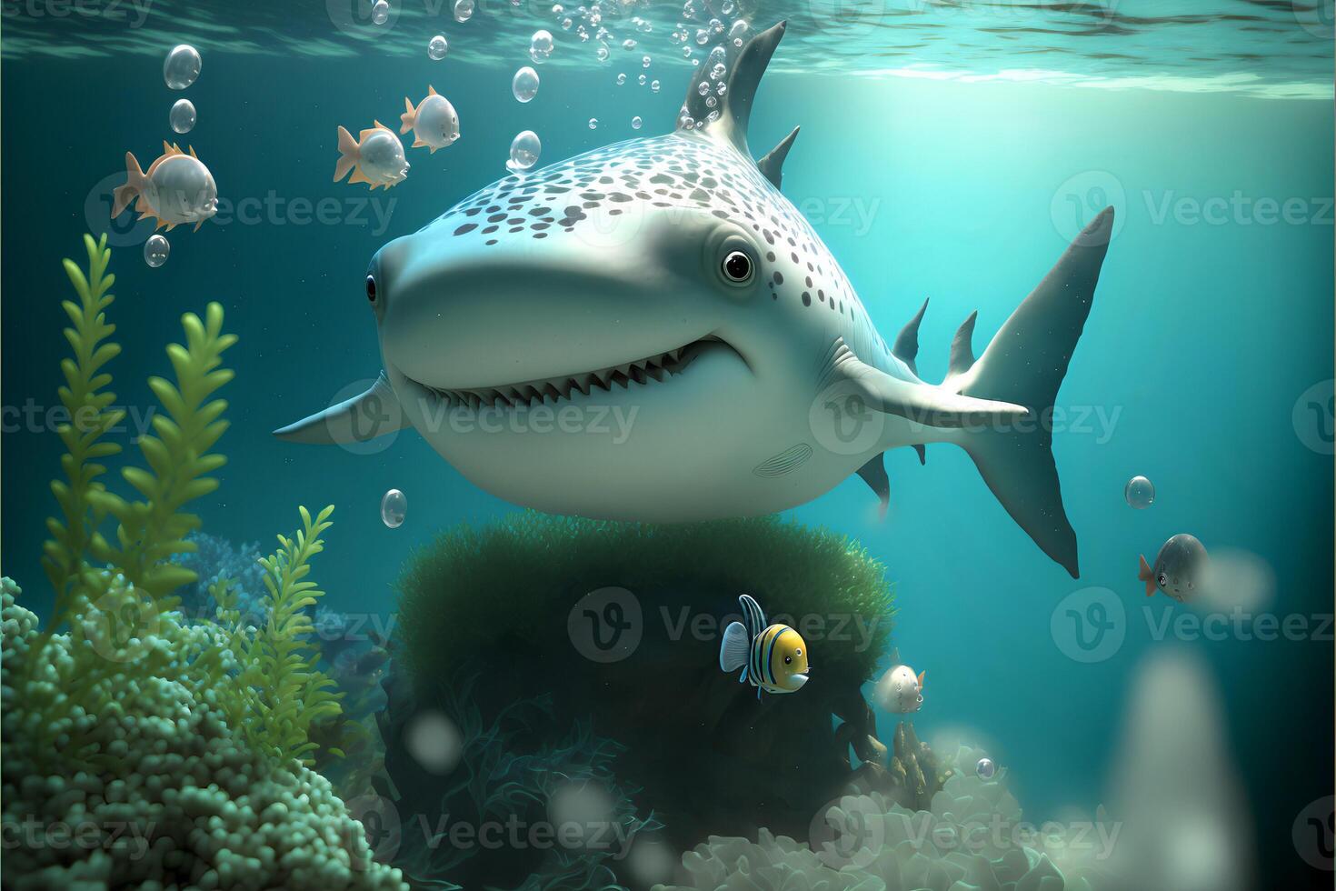 grande gracioso tiburón en el antecedentes de azul Oceano aire burbujas y corales.bajo el agua mundo dibujos animados ilustración.ai generado. foto