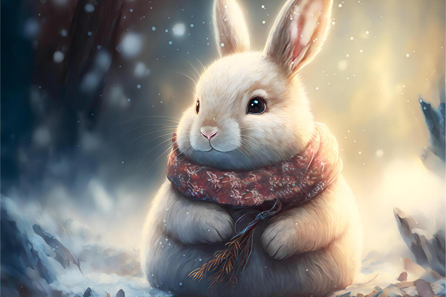 A cute white rabbit in a red scarf with a Christmas tree branch on a snowy background and a place for an inscription. Generated by ai. photo