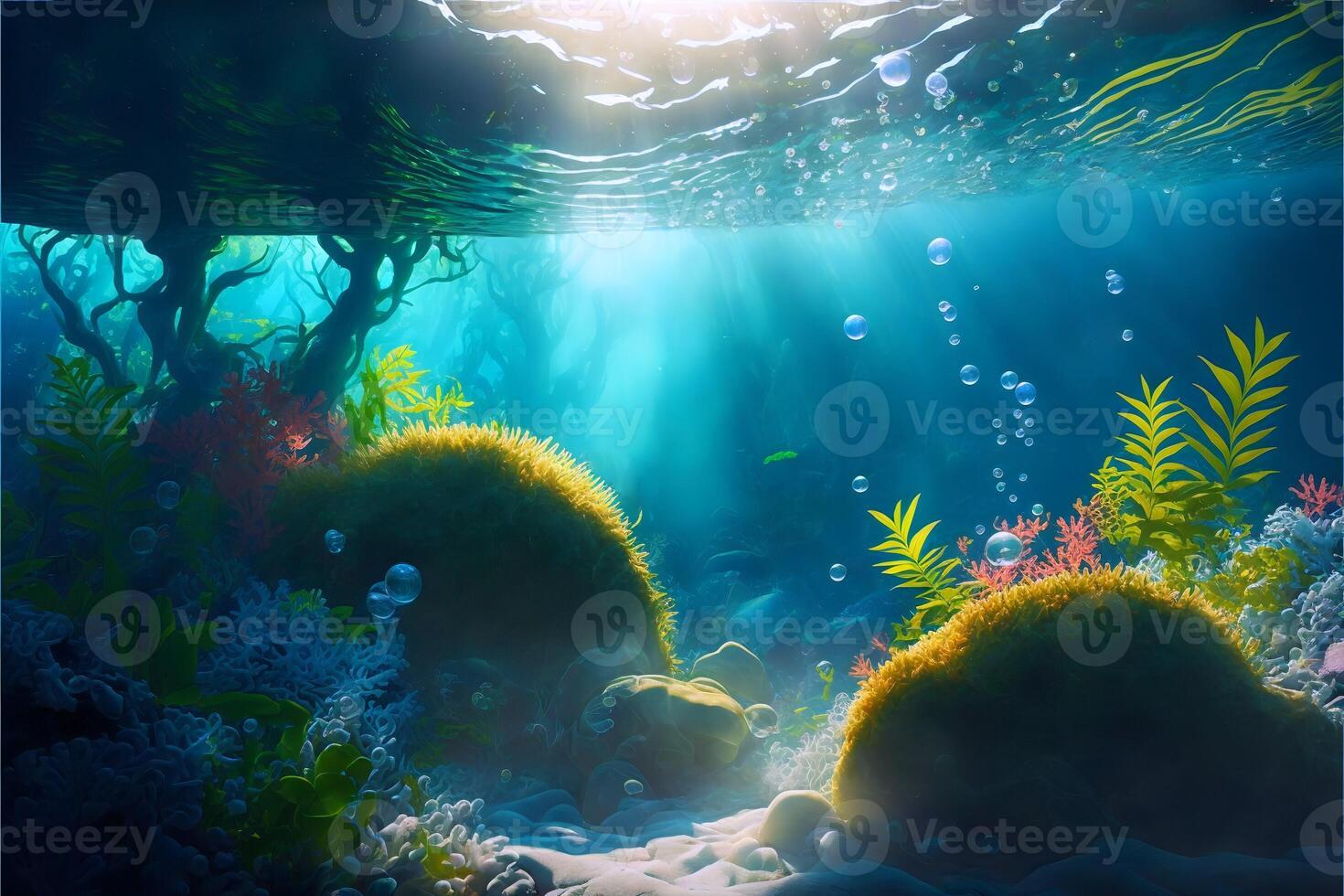 Bright illustration of underwater flora with sunbeams and air bubbles.Underwater ocean landscape with light glare.. photo